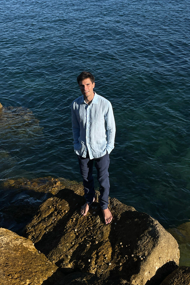 Long sleeve linen shirt and Drawstring-fastened linen trousers
