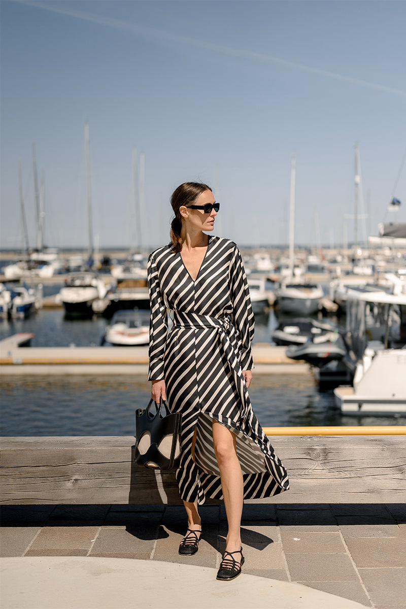 Silk v-neck dress and Woven slingback sandals BARANA