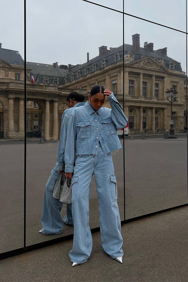 Kurtka jeansowa vintage oversize WAYNE and Jeansy cargo MINKA