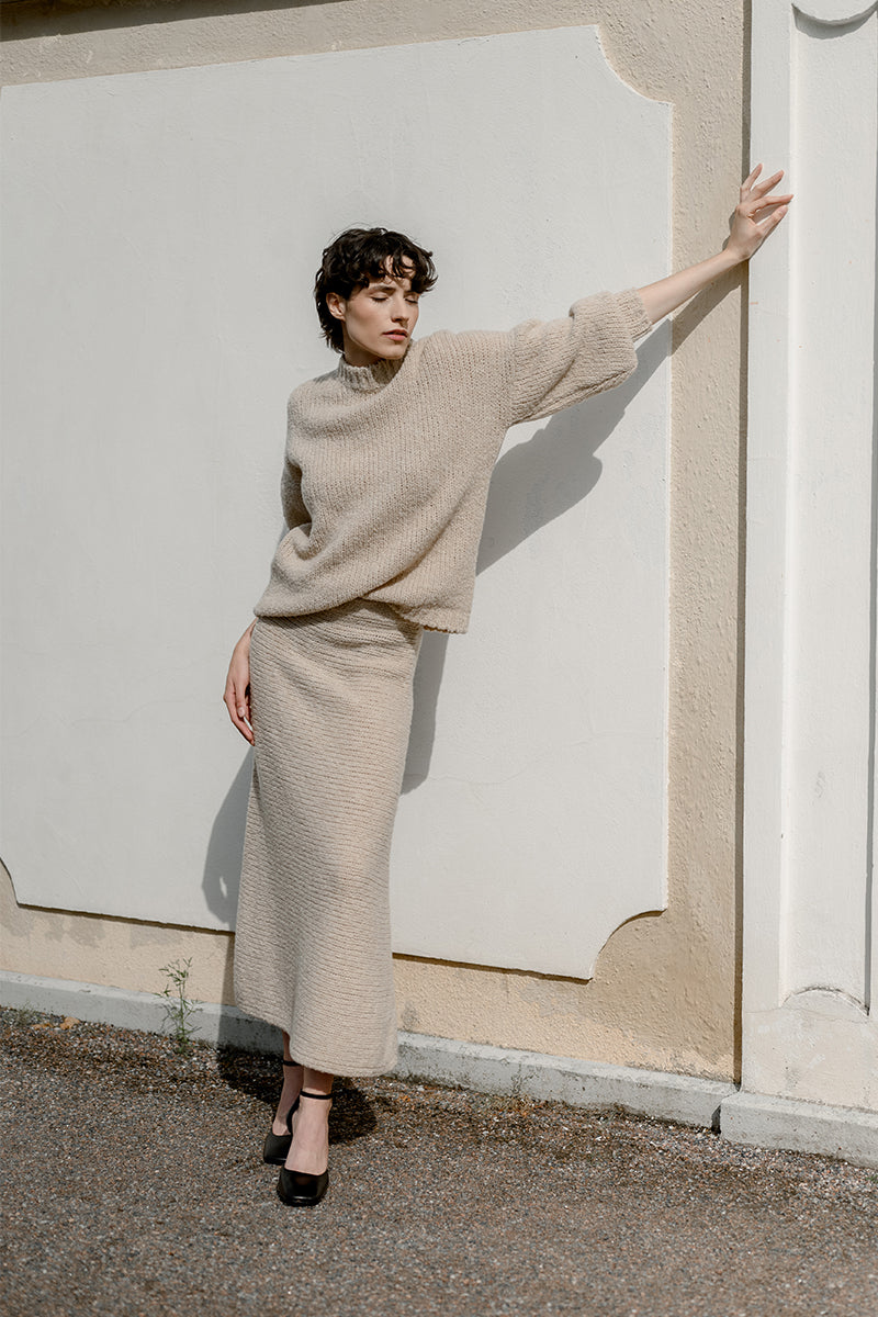 Knitted bouclé skirt and Roundneck bouclé sweater