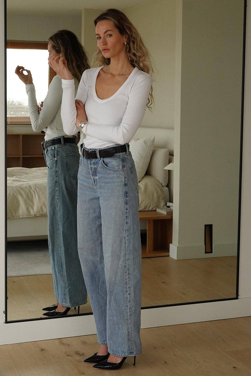 Contrast-trim cotton t-shirt FARREH and Relaxed baggy jeans AYLA