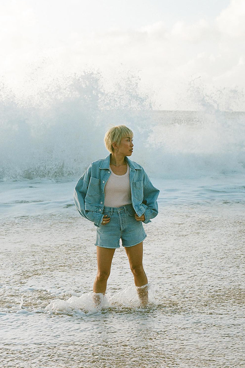 Oversized denim jacket CHARLI and High-rise shorts DEE