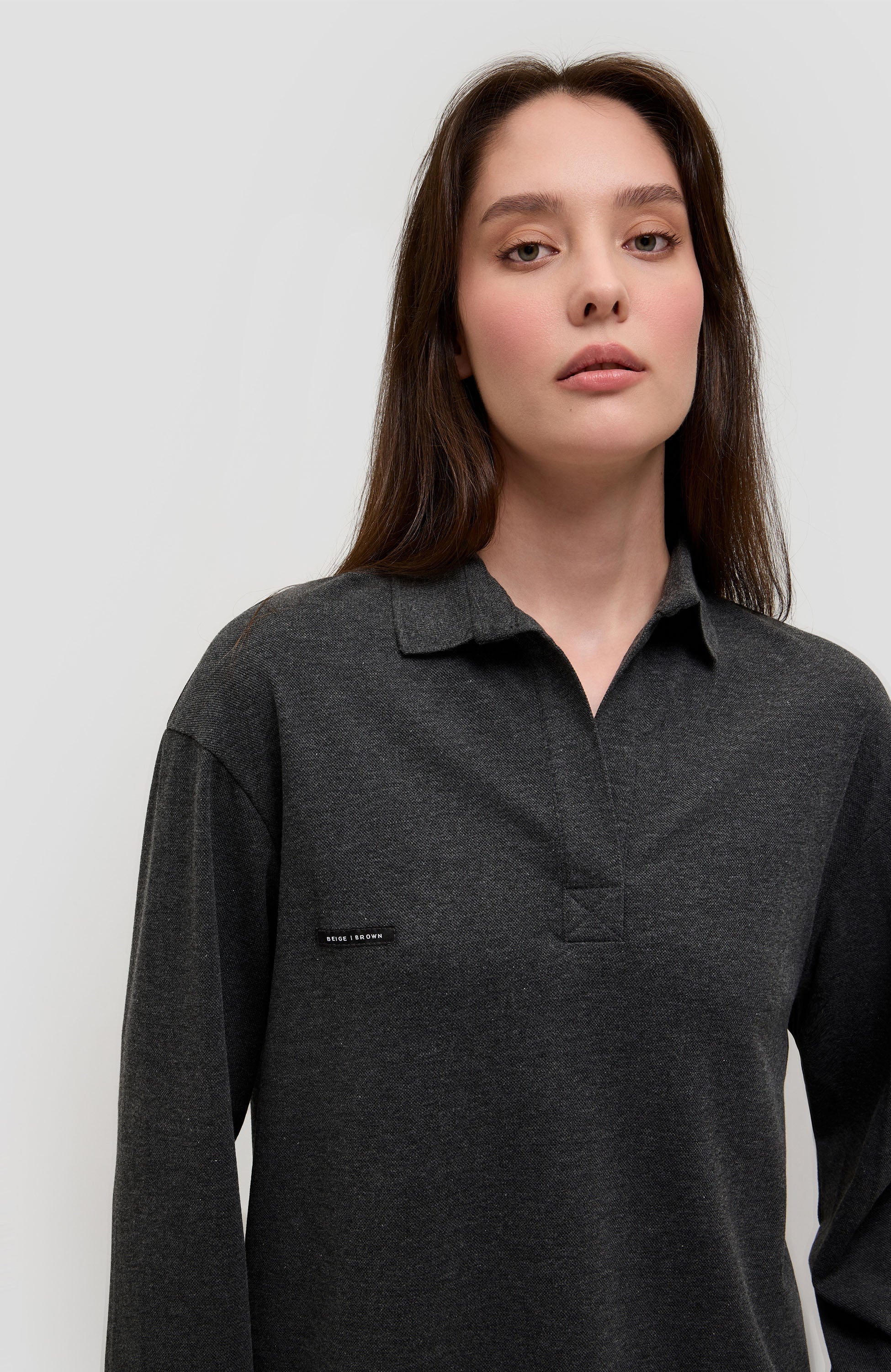 Beige brown Grey Pikkade varrukatega polo särk image 6
