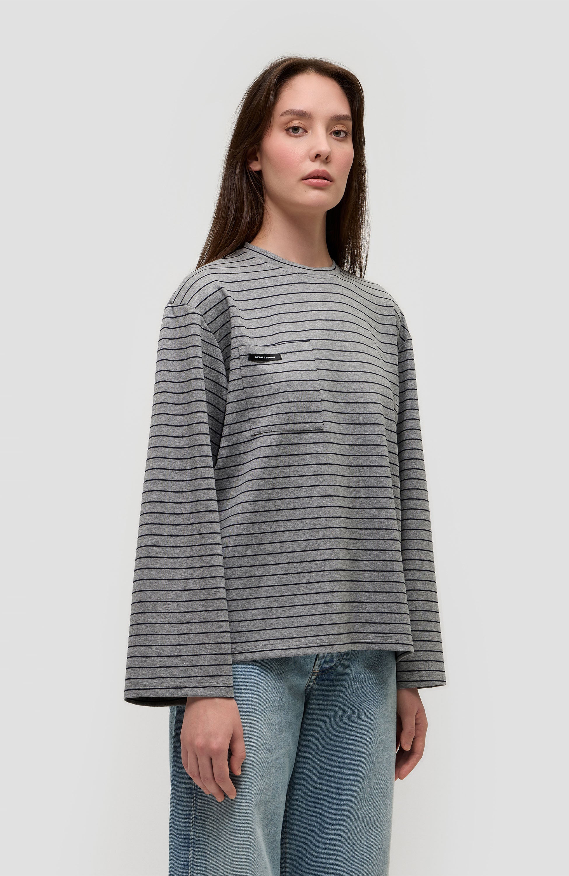 Beige brown Grey Triibuline pikkade varrukatega t-särk image 4