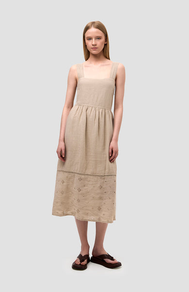 Square-neck linen flared midi dress