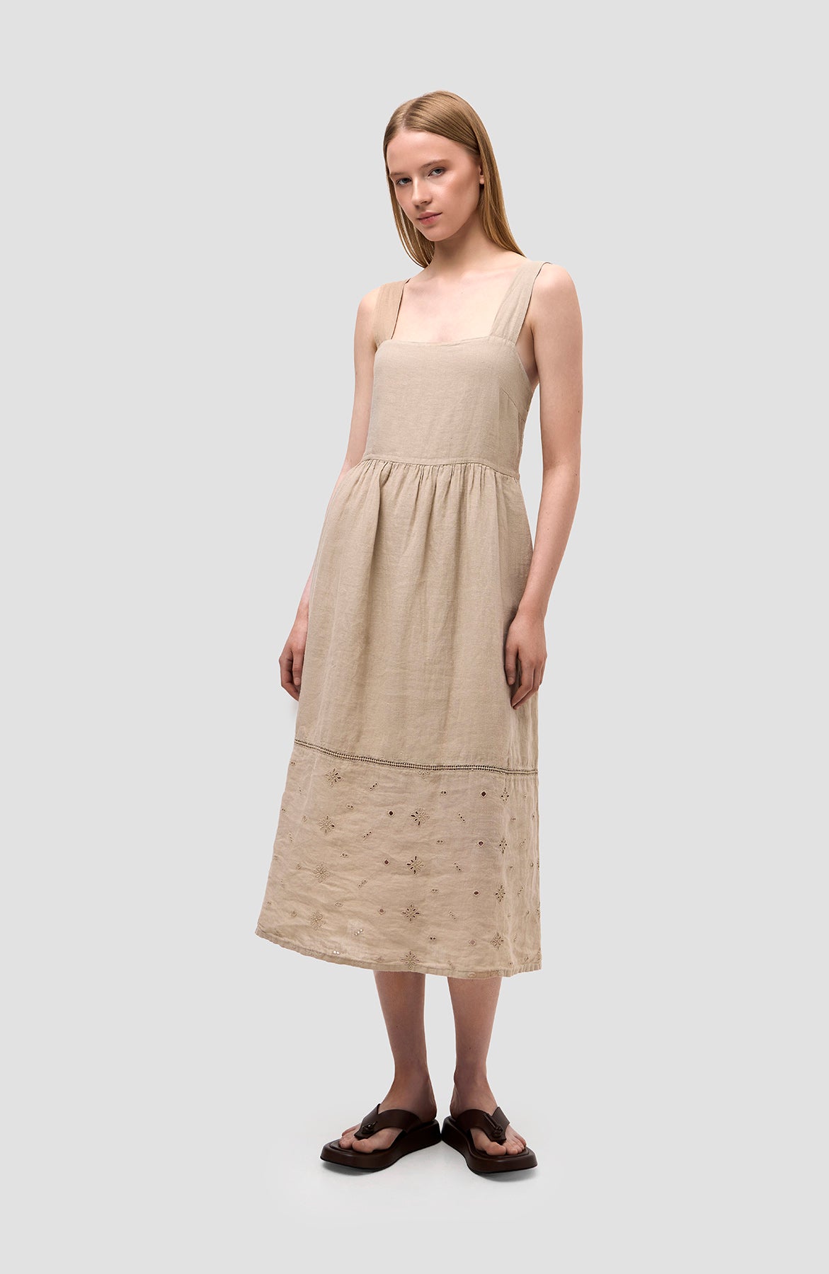 120% lino Beige Square-neck linen flared midi dress image 3