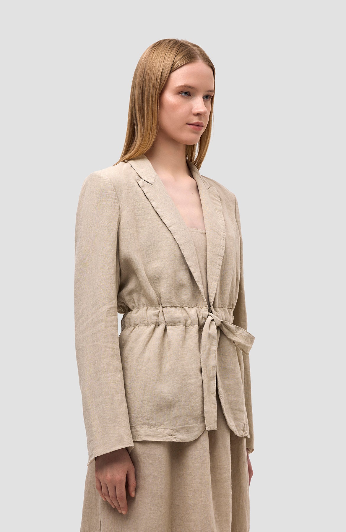 120% lino Beige Belt drawstring linen jacket image 3