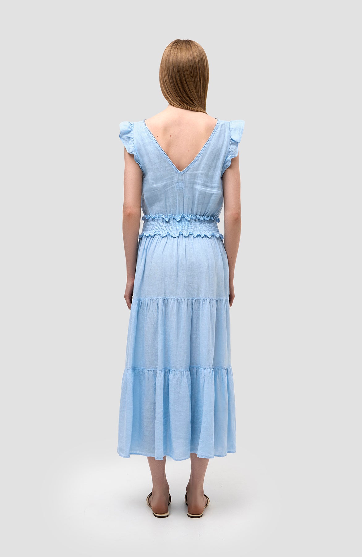 120% lino Blue V-neck flared linen midi dress image 6