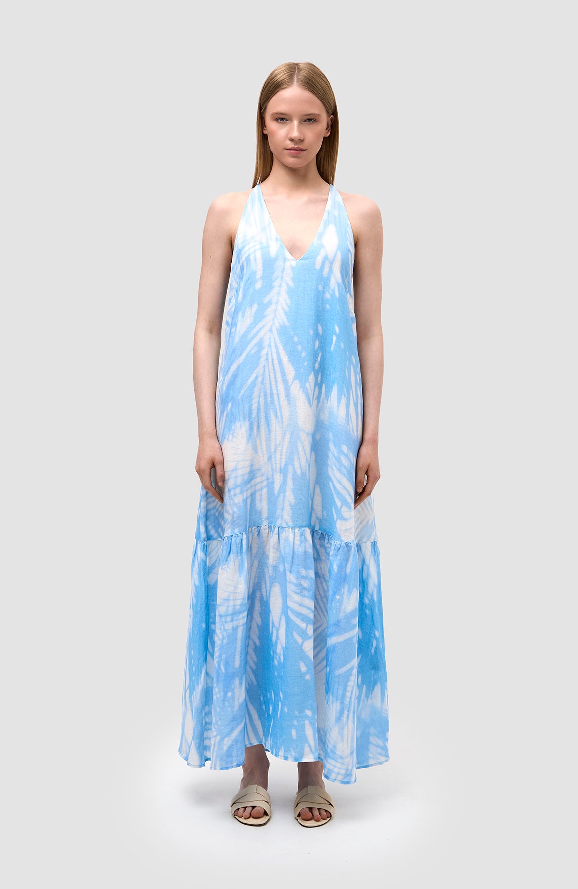 120% lino Blue Printed halterneck maxi dress image 3