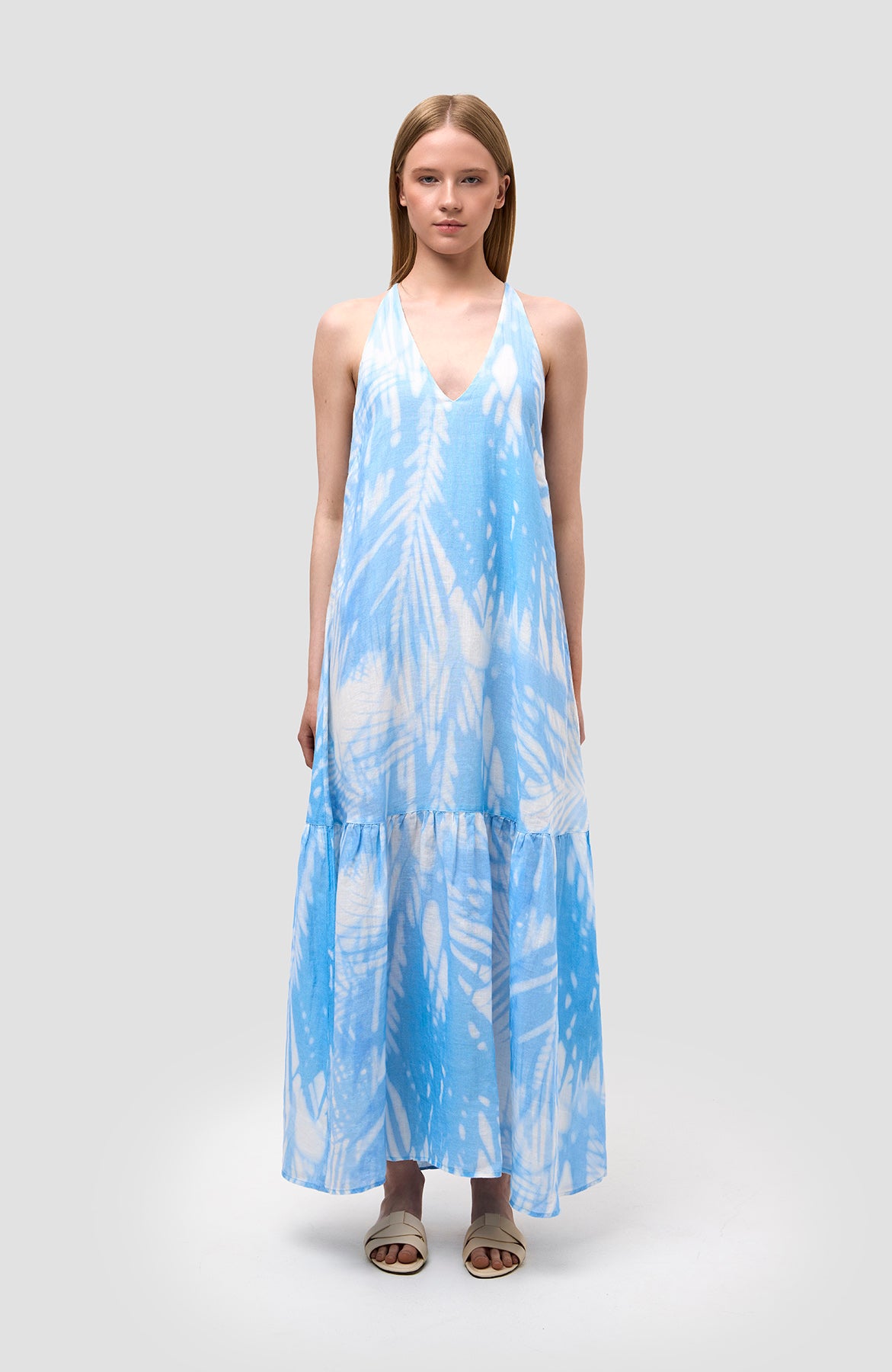 120% lino Blue Printed halterneck maxi dress image 4