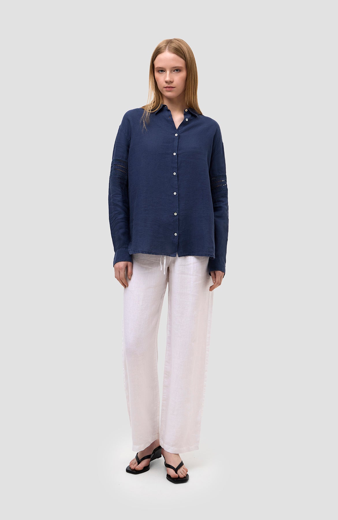 120% lino Navy Long sleeve embroidered linen shirt image 7