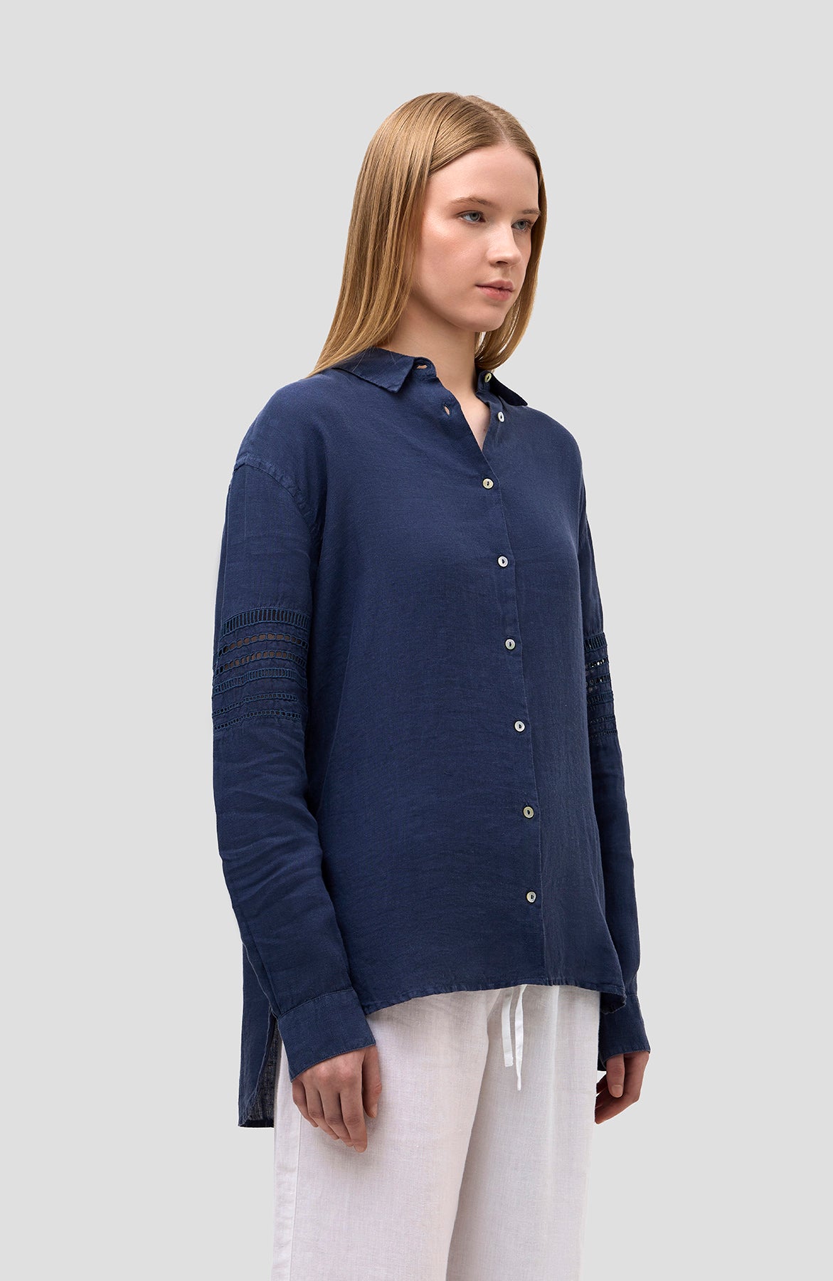 120% lino Navy Long sleeve embroidered linen shirt image 3
