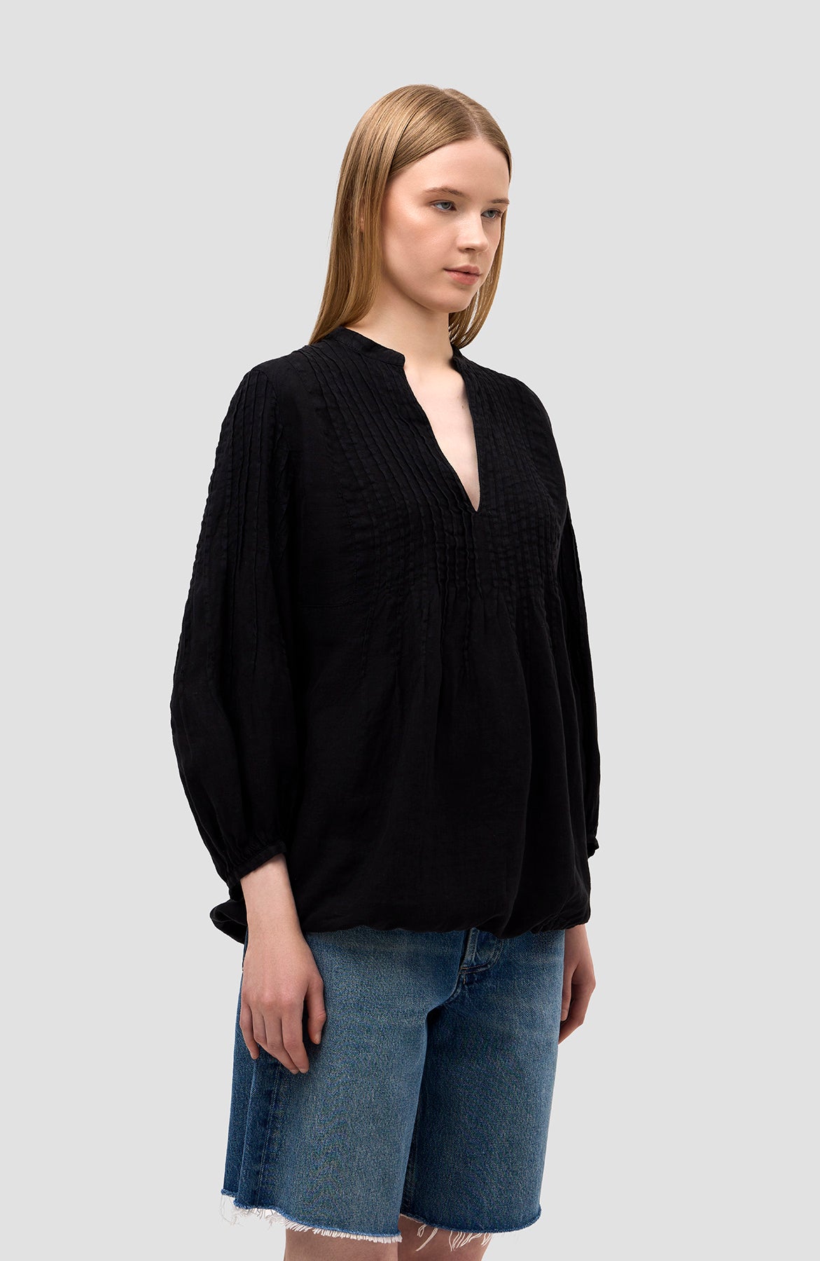 120% lino Black Puff-sleeve linen blouse image 3