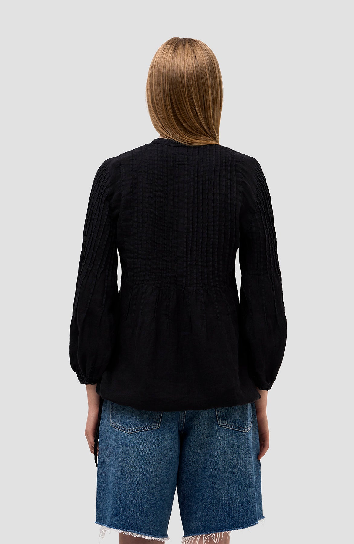 120% lino Black Puff-sleeve linen blouse image 4