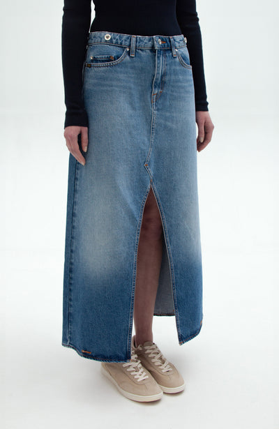 Front slit denim midi skirt Women
