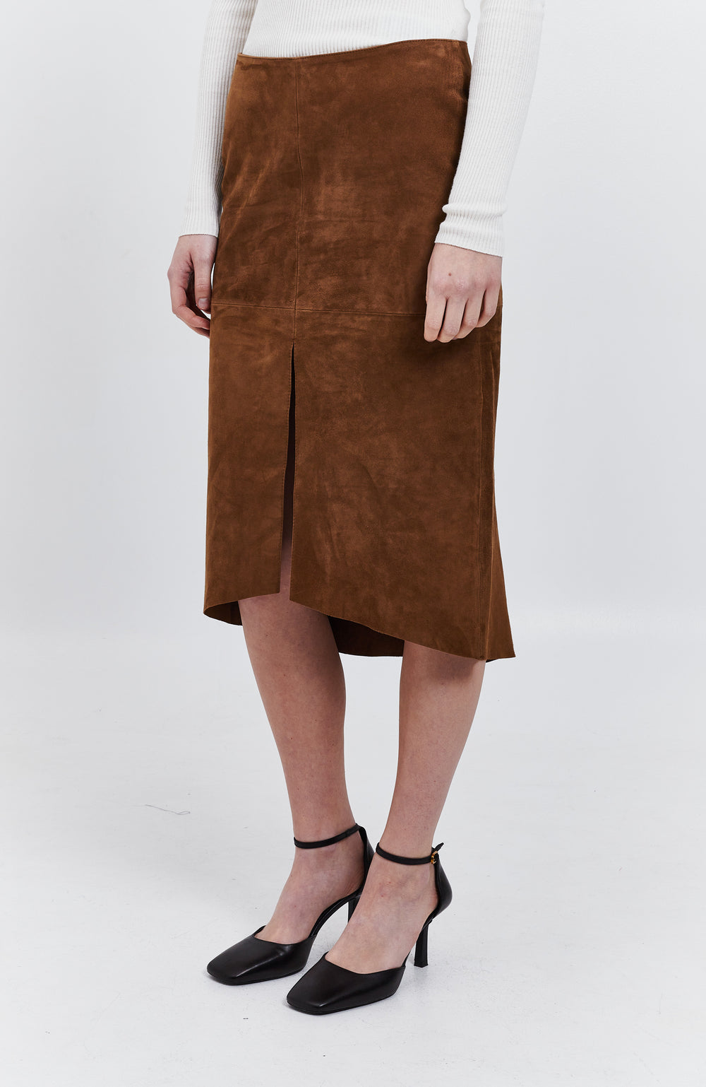 SUEDE A LINE MIDI SKIRT_BROWN main image 1