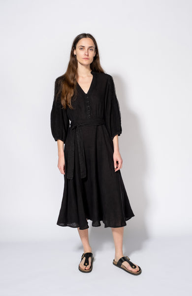 Embroidered linen puff-sleeve dress