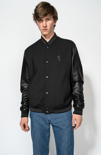 Leather sleeve bomber jacket