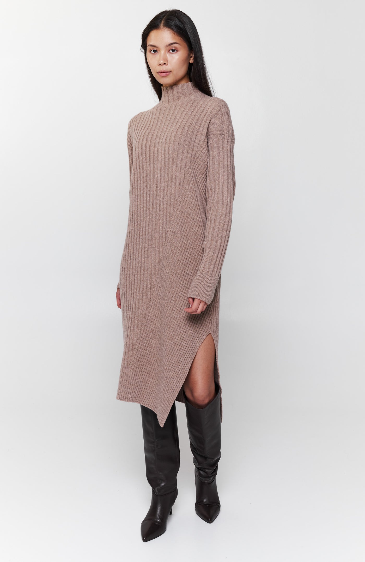 Round Neck Rib Knitted Midi Dress Light Brown